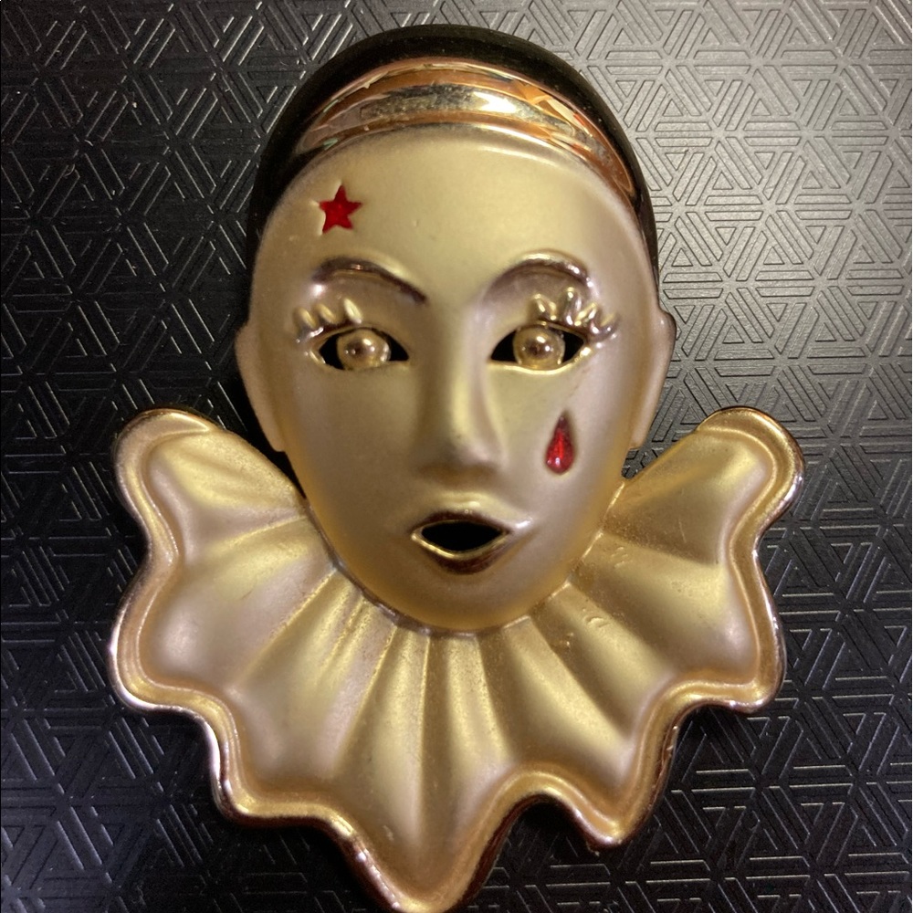 Vtg Circus Clown Silver/Gold Tone Pin/Brooch Red Tear/Star
